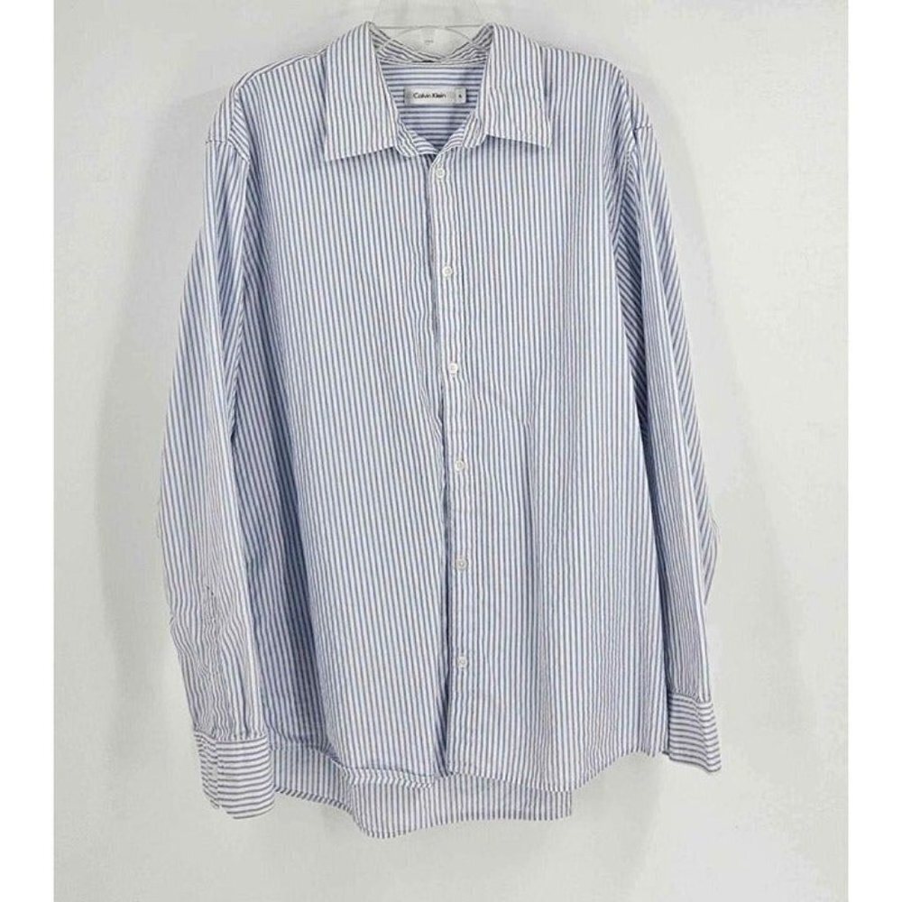 Calvin Klein Mens Button Front Blue White Stripe Long Sleeve Shirt Sz XL